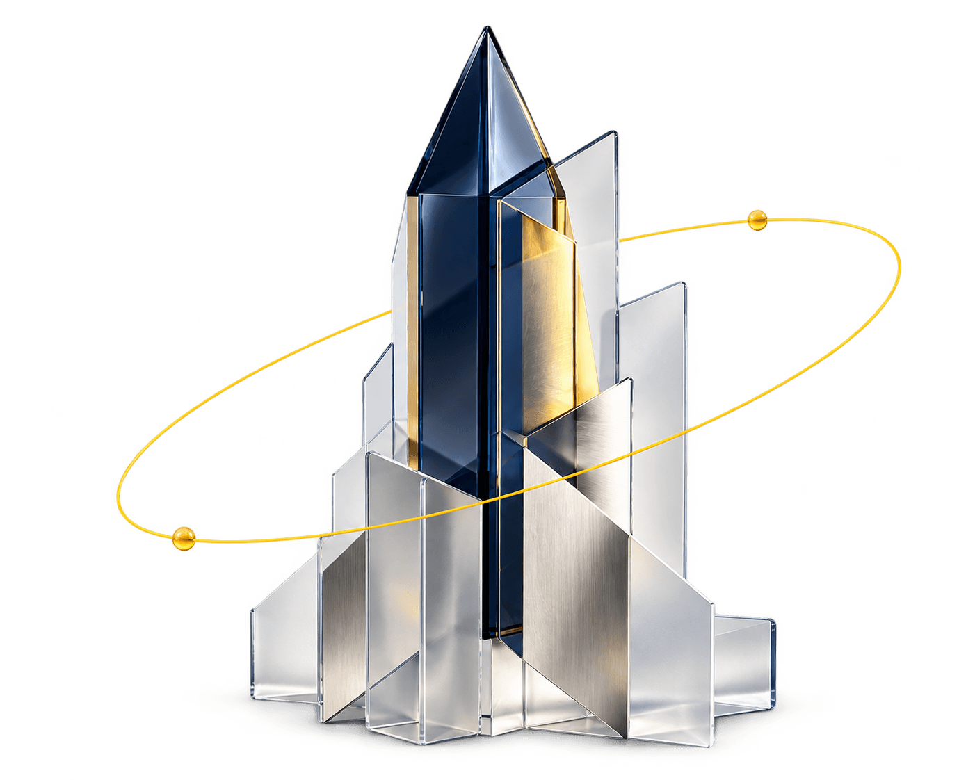 A sculptural silver and navy cloudship tower encircled by a golden orbit